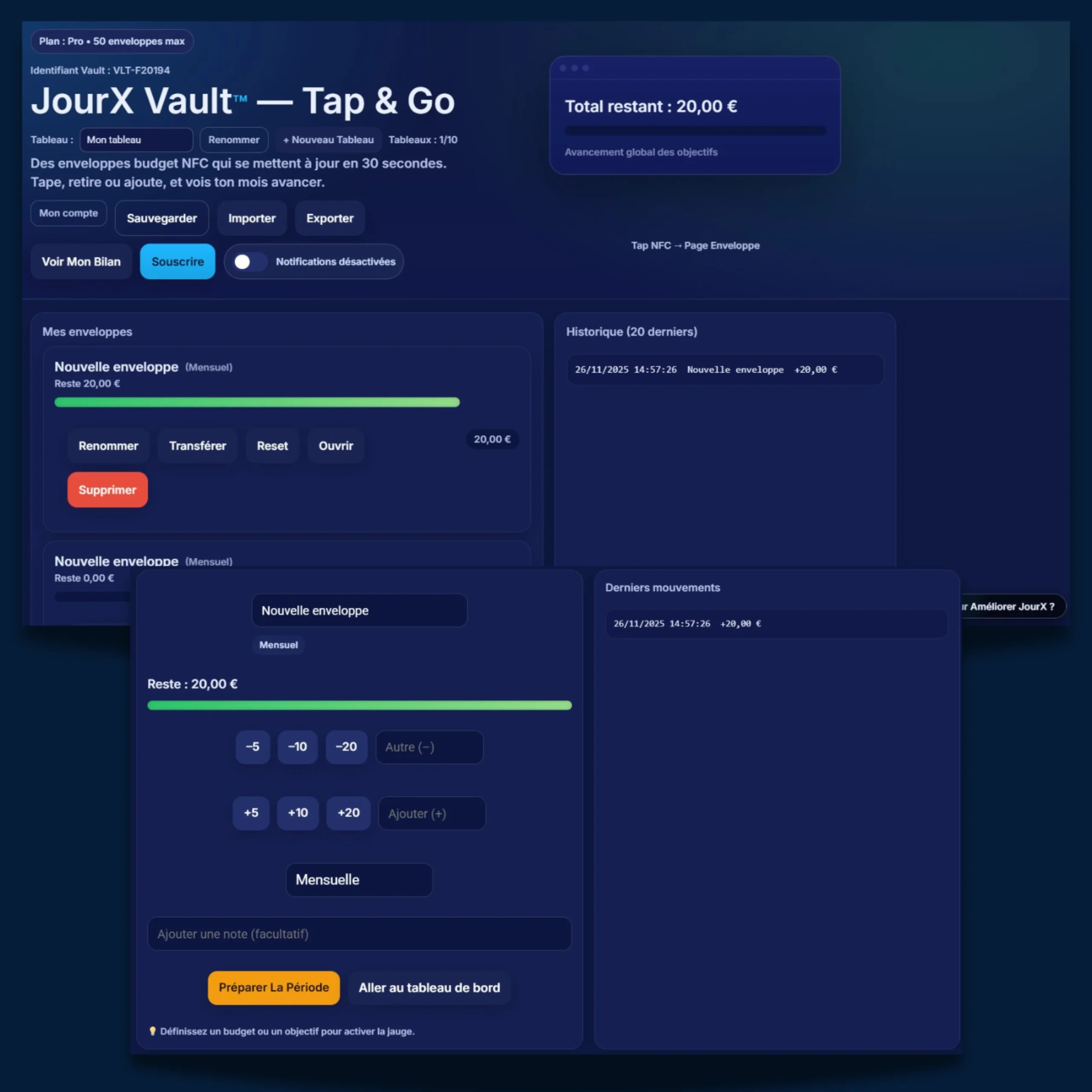 Dashboard JourX Vault avec enveloppes et budget connecté